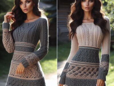 A model showcasing a stylish knitted dress in a fashion photoshoot for the Knitted Dresses collection - En modell som viser frem en stilig strikket kjole i en fotoshoot for Knitted Dresses-kolleksjonen